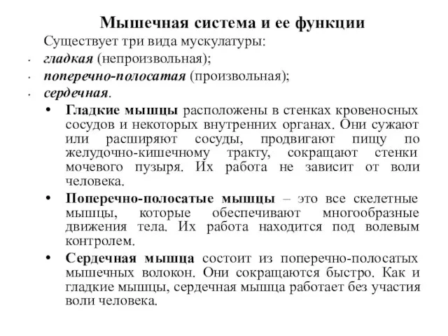 Мышечная система и ее функции Существует три вида мускулатуры: гладкая (непроизвольная); поперечно-полосатая