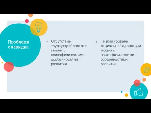 Проблема очевидна Отсутствие трудоустройства для людей с психофизическими особенностями развития Низкий уровень