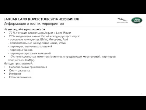 Информация о гостях мероприятия На тест-драйв приглашаются: 70 % текущих владельцев Jaguar