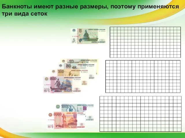 Банкноты имеют разные размеры, поэтому применяются три вида сеток