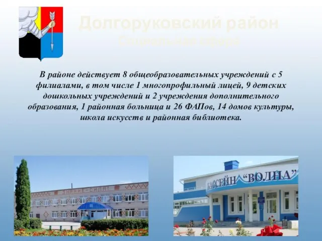 Долгоруковский район Социальная сфера В районе действует 8 общеобразовательных учреждений с 5