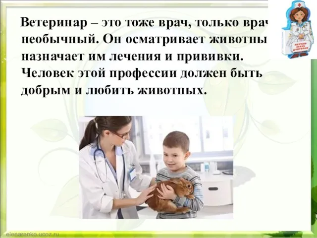 Ветеринар – это тоже врач, только врач необычный. Он осматривает животных, назначает