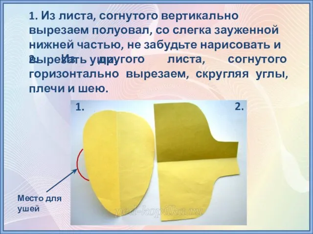 1. Из листа, согнутого вертикально вырезаем полуовал, со слегка зауженной нижней частью,