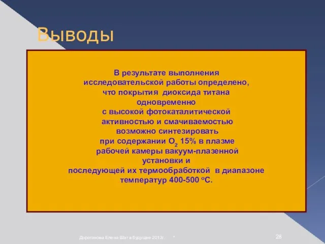 * Дороганова Елена Шаг в будущее 2013г. Выводы В результате выполнения исследовательской