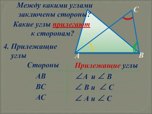 ∠ В и ∠ С Между какими углами заключены стороны? ВС ∠