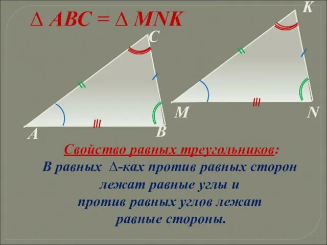 ∆ АВС = ∆ MNK Свойство равных треугольников: В равных ∆-ках против