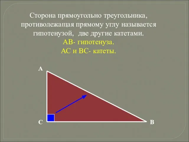 Сторона прямоугольно треугольника, противолежащая прямому углу называется гипотенузой, две другие катетами. АВ-