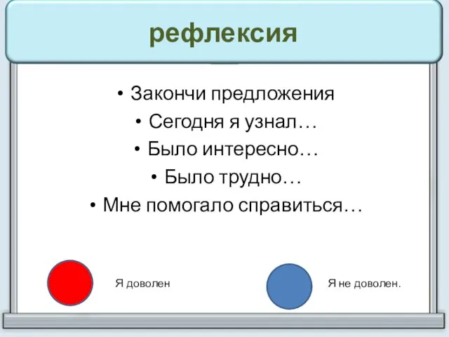 рефлексия Закончи предложения Сегодня я узнал… Было интересно… Было трудно… Мне помогало