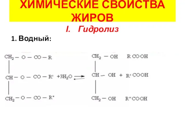 ХИМИЧЕСКИЕ СВОЙСТВА ЖИРОВ Гидролиз 1. Водный: