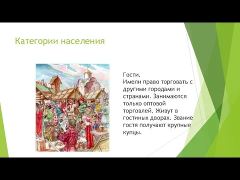 Категории населения Гости. Имели право торговать с другими городами и странами. Занимаются