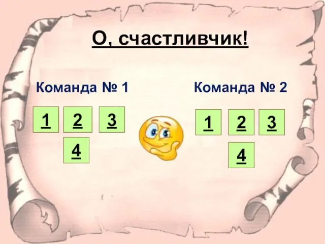 О, счастливчик! Команда № 1 Команда № 2 4 1 2 3 3 4 1 2