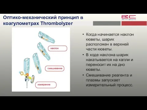 Когда начинается наклон кюветы, шарик расположен в верхней части кюветы. В ходе