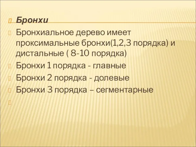 Бронхи Бронхиальное дерево имеет проксимальные бронхи(1,2,3 порядка) и дистальные ( 8-10 порядка)