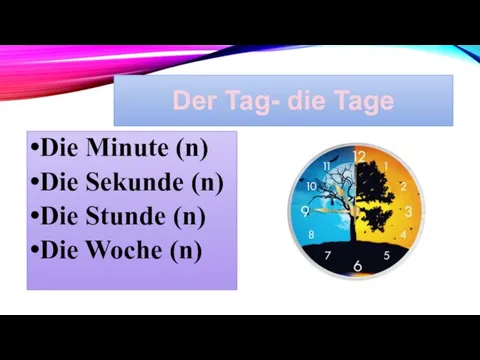 Der Tag- die Tage Die Minute (n) Die Sekunde (n) Die Stunde (n) Die Woche (n)