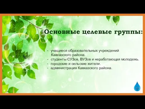 Основные целевые группы: учащиеся образовательных учреждений Кавказского района. студенты СУЗов, ВУЗов и