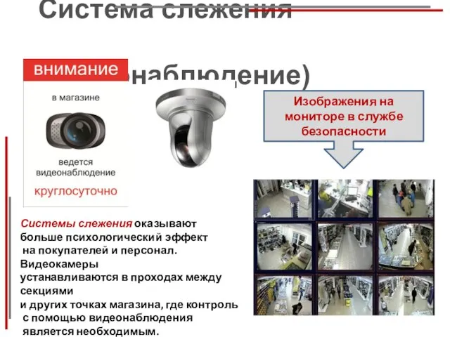 Система слежения (видеонаблюдение) Изображения на мониторе в службе безопасности Системы слежения оказывают