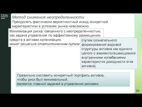 5. Методы защиты от риска Метод снижения неопределенности Преодолеть фактически вероятностный исход