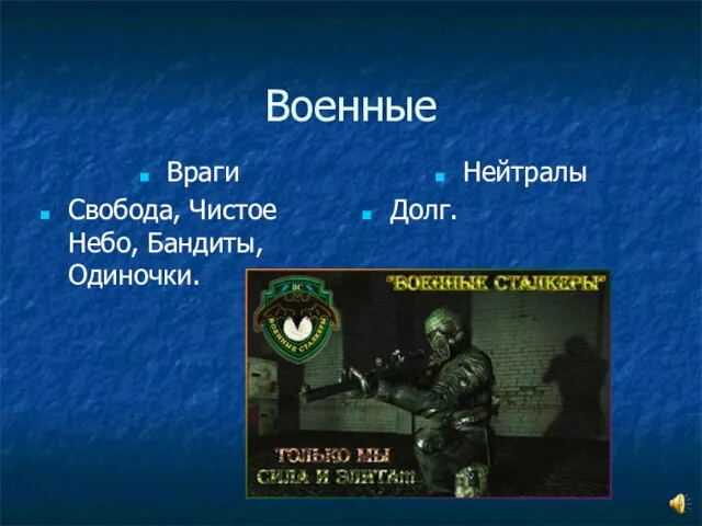 Военные Враги Свобода, Чистое Небо, Бандиты, Одиночки. Нейтралы Долг.