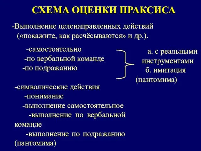 СХЕМА ОЦЕНКИ ПРАКСИСА а. с реальными инструментами б. имитация (пантомима) -Выполнение целенаправленных