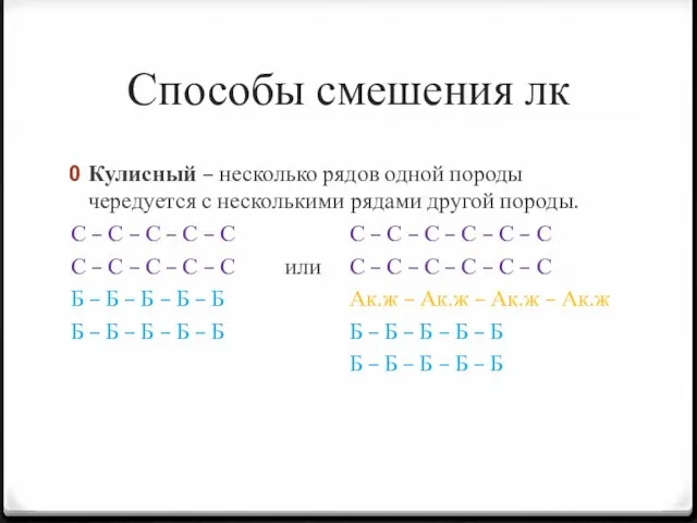 Способы смешения лк Кулисный – несколько рядов одной породы чередуется с несколькими