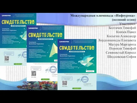 Международная олимпиада «Инфоурока» (осенний сезон) Участники: Болтачев Тимофей Князев Павел Косыгин Александр