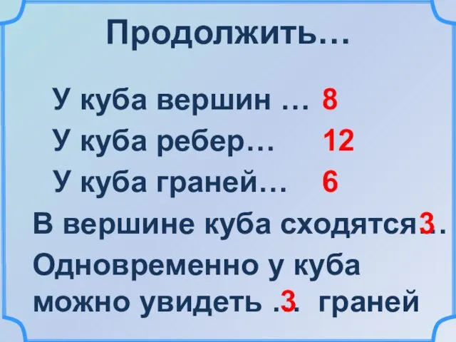 Продолжить… У куба вершин … У куба ребер… У куба граней… В