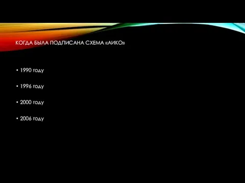 КОГДА БЫЛА ПОДПИСАНА СХЕМА «АИКО» 1990 году 1996 году 2000 году 2006 году