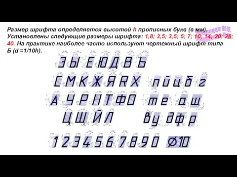 Размер шрифта определяется высотой h прописных букв (в мм). Установлены следующие размеры