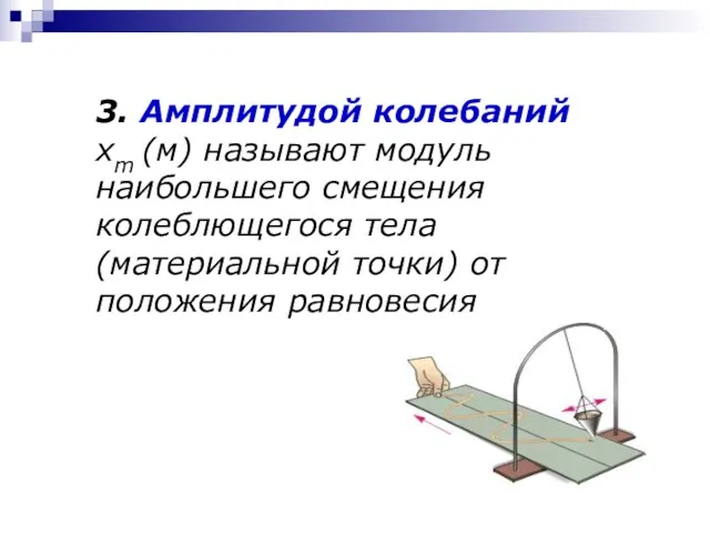 3. Амплитудой колебаний хm (м) называют модуль наибольшего смещения колеблющегося тела (материальной точки) от положения равновесия