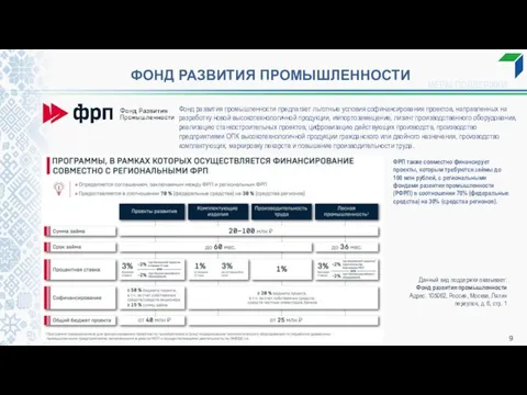 ФОНД РАЗВИТИЯ ПРОМЫШЛЕННОСТИ Фонд развития промышленности предлагает льготные условия софинансирования проектов, направленных