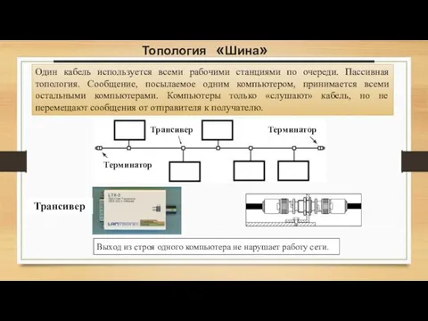 Топология «Шина» Выход из строя одного компьютера не нарушает работу сети. Трансивер