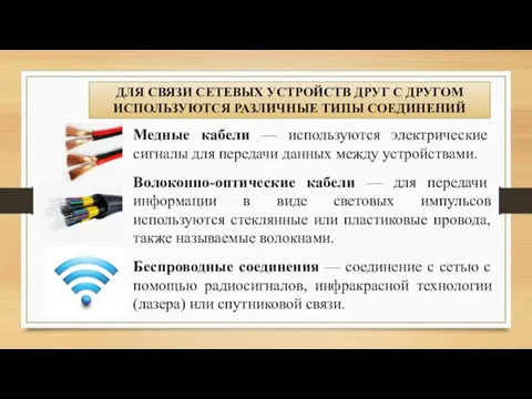 Медные кабели — используются электрические сигналы для передачи данных между устройствами. Волоконно-оптические