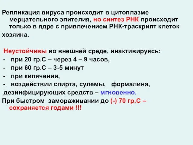 Репликация вируса происходит в цитоплазме мерцательного эпителия, но синтез РНК происходит только