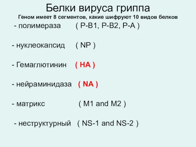 Белки вируса гриппа Геном имеет 8 сегментов, какие шифруют 10 видов белков