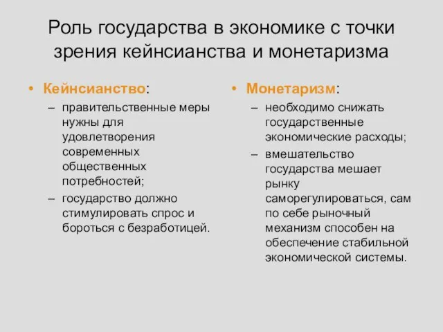 Роль государства в экономике с точки зрения кейнсианства и монетаризма Кейнсианство: правительственные