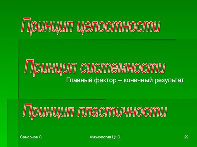 Самсонов С Физиология ЦНС Принцип целостности Принцип системности Принцип пластичности Главный фактор – конечный результат