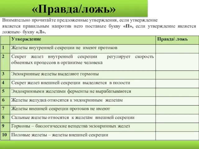 «Правда/ложь» Внимательно прочитайте предложенные утверждения, если утверждение является правильным напротив него поставьте