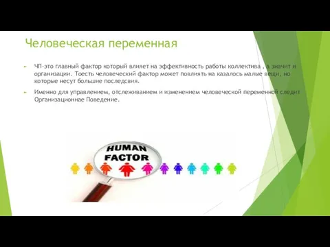 Человеческая переменная ЧП-это главный фактор который влияет на эффективность работы коллектива ,