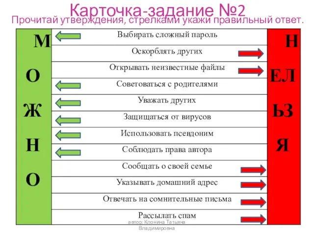 Карточка-задание №2 Прочитай утверждения, стрелками укажи правильный ответ. автор: Клонина Татьяна Владимировна