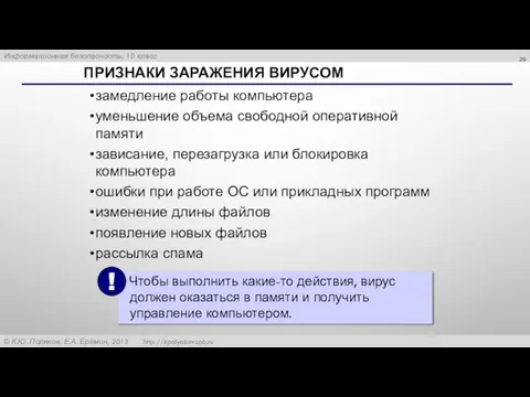 ПРИЗНАКИ ЗАРАЖЕНИЯ ВИРУСОМ замедление работы компьютера уменьшение объема свободной оперативной памяти зависание,