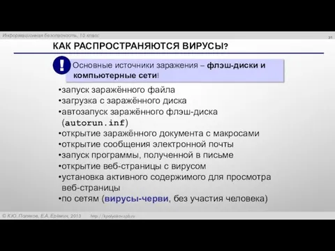 КАК РАСПРОСТРАНЯЮТСЯ ВИРУСЫ? запуск заражённого файла загрузка с заражённого диска автозапуск заражённого