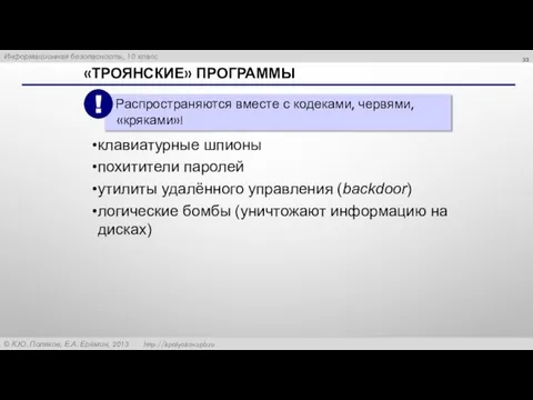 «ТРОЯНСКИЕ» ПРОГРАММЫ клавиатурные шпионы похитители паролей утилиты удалённого управления (backdoor) логические бомбы (уничтожают информацию на дисках)