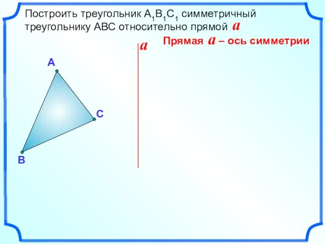 Построить треугольник А1В1С1 симметричный треугольнику АВС относительно прямой a А С В a
