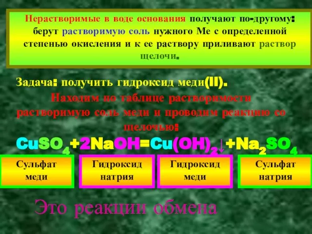 Нерастворимые в воде основания получают по-другому: берут растворимую соль нужного Ме с