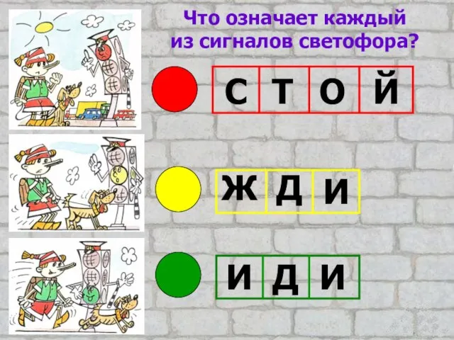 Что означает каждый из сигналов светофора? С Т О Й Ж Д И И Д И