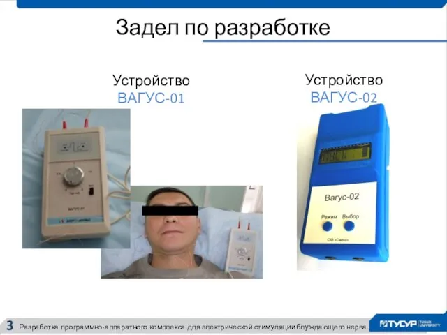 Задел по разработке Устройство ВАГУС-01 Устройство ВАГУС-02 Разработка программно-аппаратного комплекса для электрической стимуляции блуждающего нерва. 3