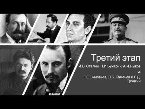 Третий этап И.В. Сталин, Н.И.Бухарин, А.И.Рыков vs Г.Е. Зиновьев, Л.Б. Каменев и Л.Д. Троцкий