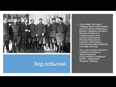 Ход событий: 18 сентября 1928 года, в «Правде» была опубликована статья Сталина