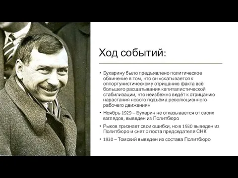 Ход событий: Бухарину было предъявлено политическое обвинение в том, что он «скатывается