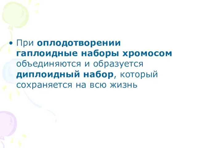 При оплодотворении гаплоидные наборы хромосом объединяются и образуется диплоидный набор, который сохраняется на всю жизнь